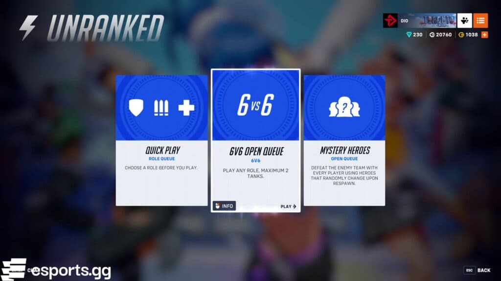 Overwatch 2 6v6 Open Queue game mode (Screenshot via esports.gg)