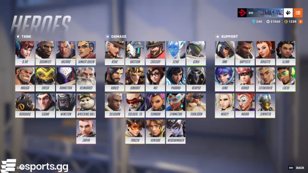 All Overwatch 2 heroes (Screenshot via esports.gg)