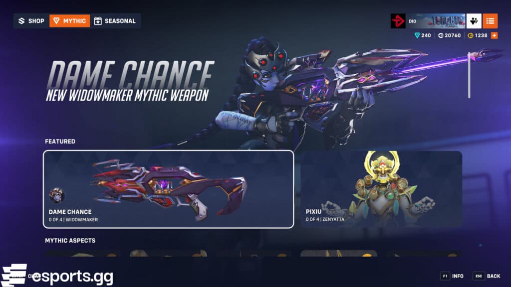 Widowmaker's Dame Chance mythic weapon (Screenshot via esports.gg)