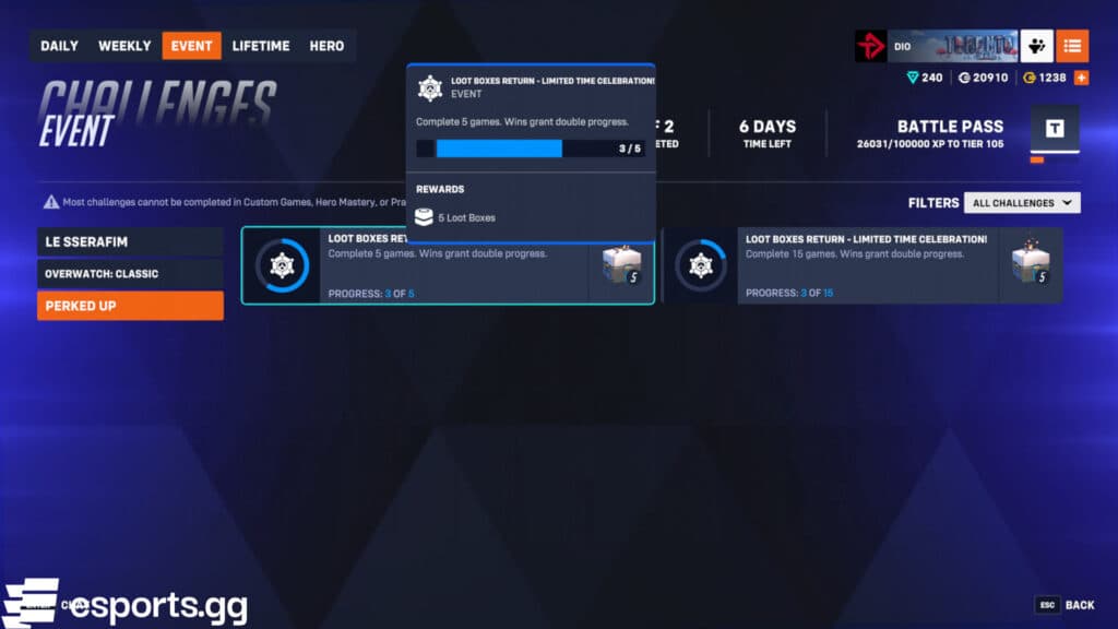 More free Overwatch 2 loot boxes during the Perked Up event refresh (Screenshot via esports.gg)