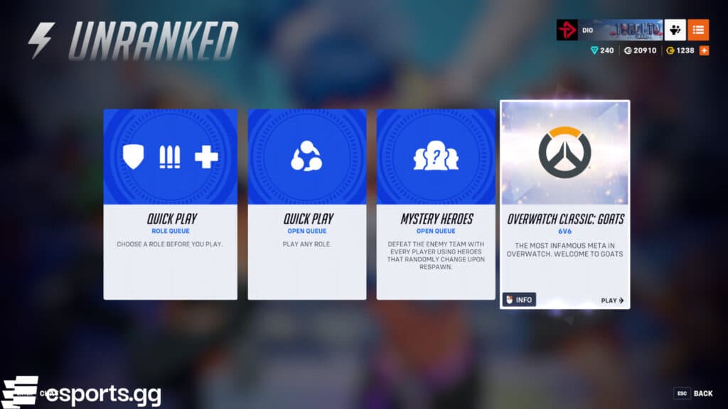 How to enter the Overwatch Classic GOATS game mode in Overwatch 2 (Screenshot via esports.gg)