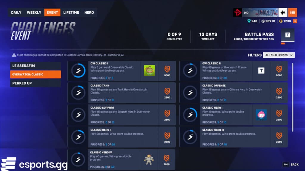 Overwatch Classic GOATS challenges and rewards (Screenshot via esports.gg)