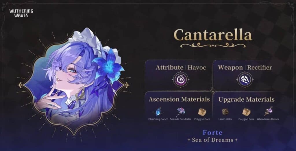 Cantarella in Wuthering Waves: attributes and materials (image via Kuro Games)