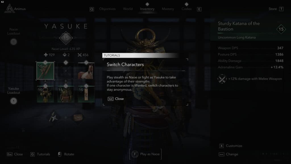 The switching characters tutorial in Assassin's Creed Shadows. Screenshot by esports.gg
