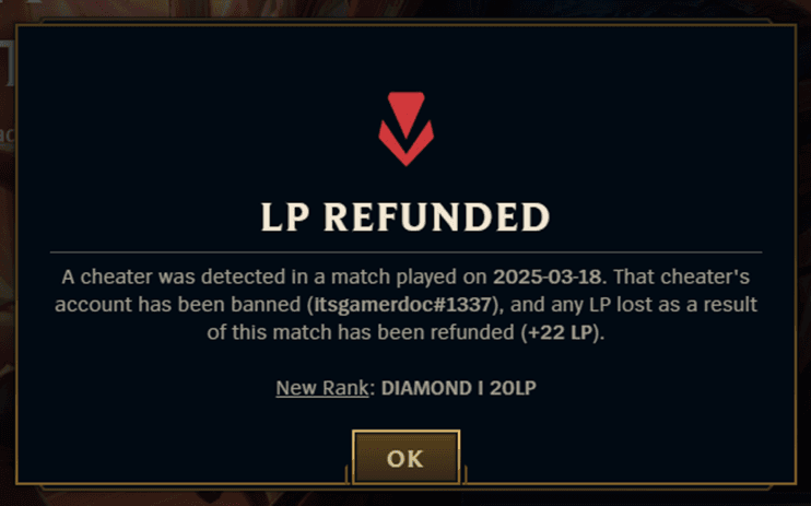 LP refund notification in LoL (Image via Riot Games)