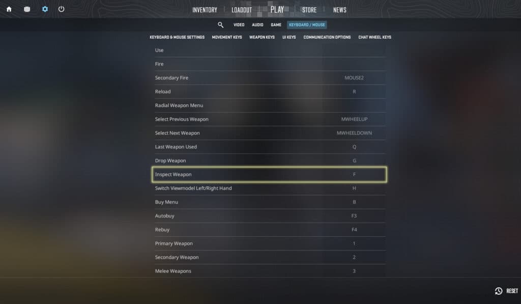 Rebind Inspect in the CS2 settings (Screenshot via esports.gg)