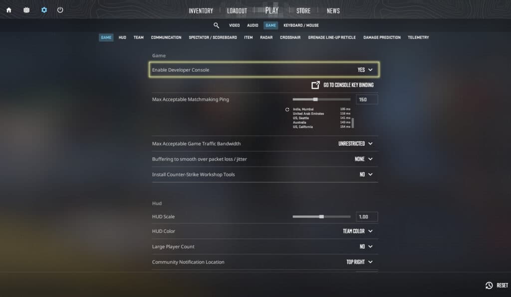 CS2 Developer Console (Screenshot via esports.gg)
