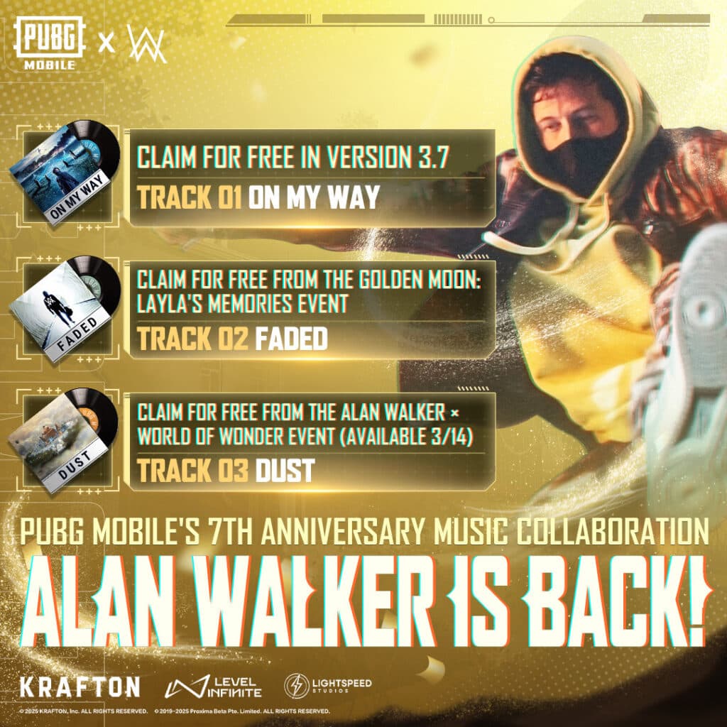 Three free music tracks from Alan Walker will be available for PUBG MOBILE 7th Anniversary celebration (image via PUBG MOBILE)
