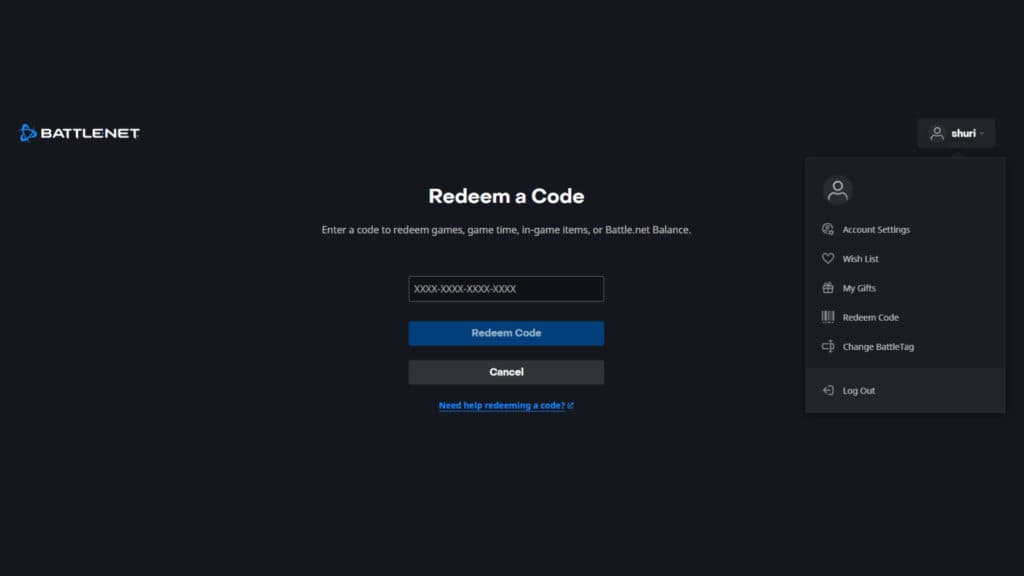 How to redeem a code in battle.net (Screenshot by esports.gg)