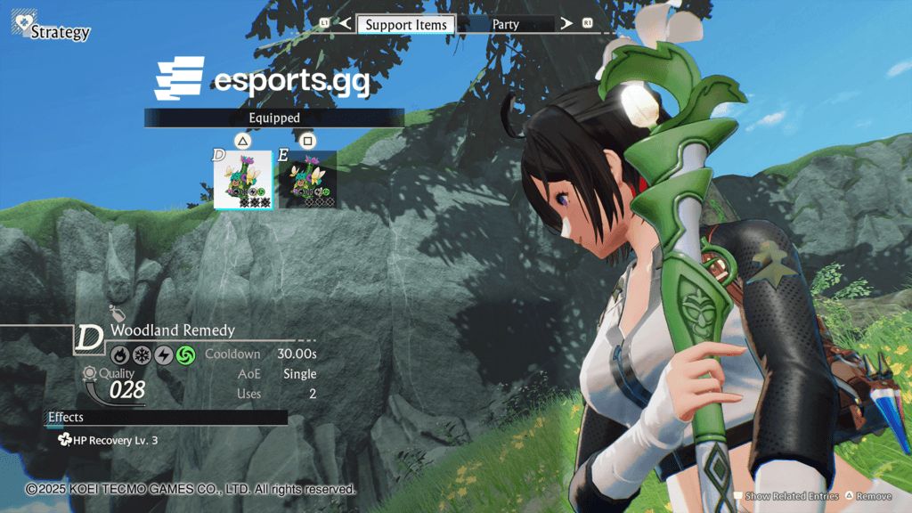 Equip Woodland Remedy via the Supports Items sub menu in the Strategy Menu