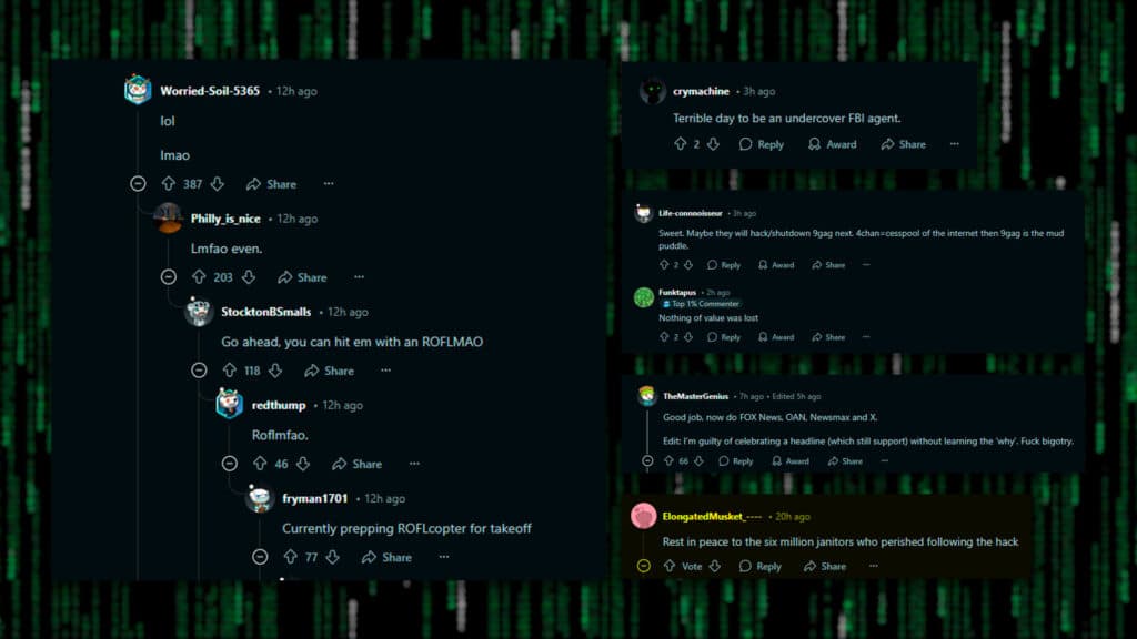 Comments on multiple reddit posts about the 4chan hack