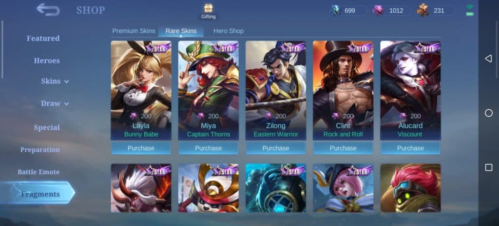 The Fragments shop gets updated every now and then with a new set of skins. (Screenshot via Esports.gg)