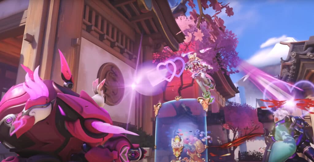 Juno's mythic skin shoots hearts (Image via Blizzard Entertainment)