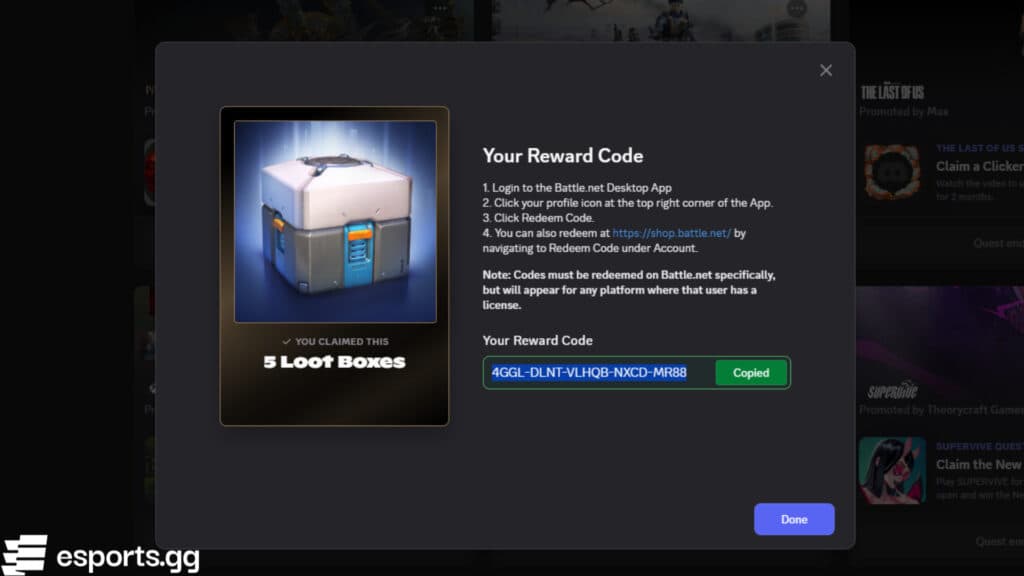 Claim your free Overwatch 2 code (Screenshot via esports.gg)
