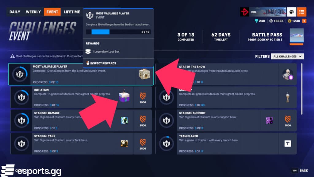 Get two loot boxes from the Overwatch 2 Stadium Initiation event (Screenshot via esports.gg)