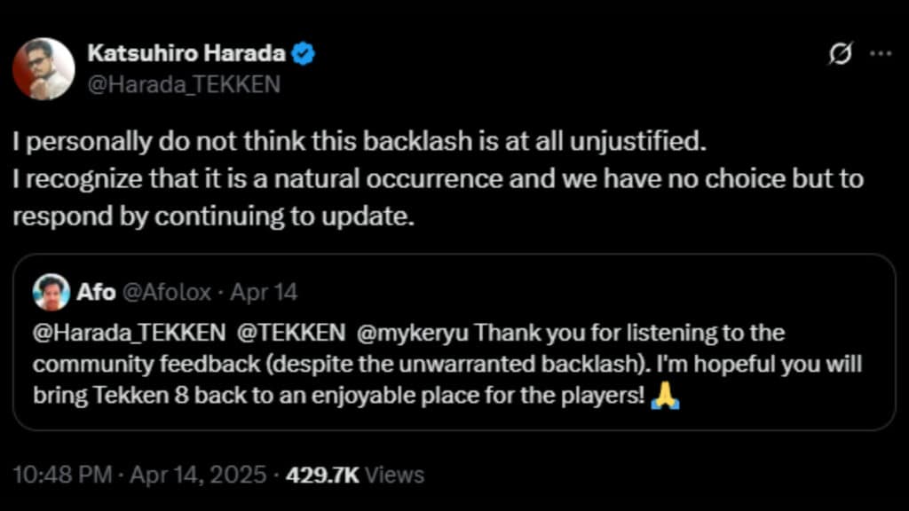 Katsuhiro Harada on the emergency patch notes situation (Screenshot via esports.gg)