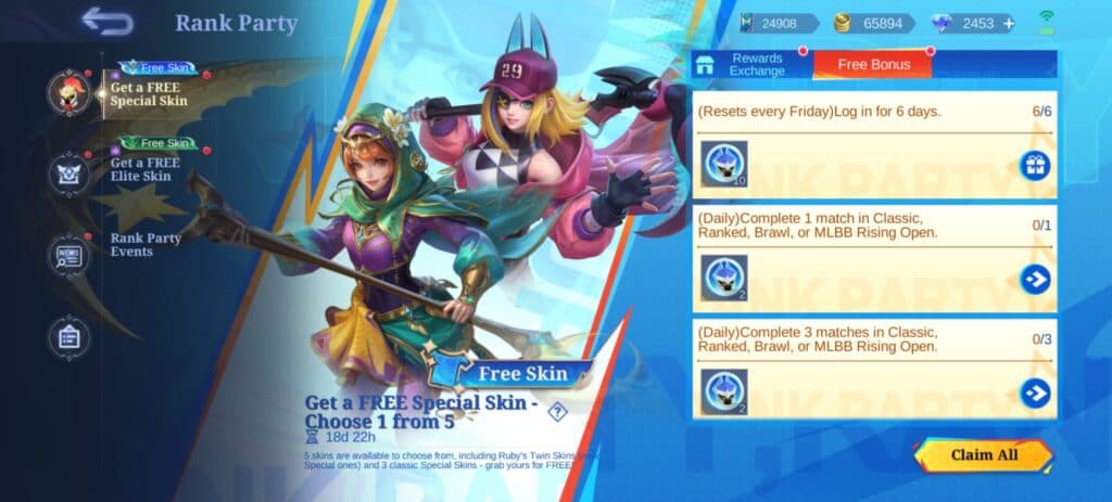 Complete tasks to claim enough tokens to exchange for a free skin. (Screenshot via Esports.gg)