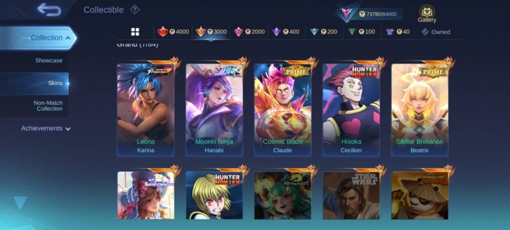 The MLBB skin collection section. (Screenshot via Esports.gg)