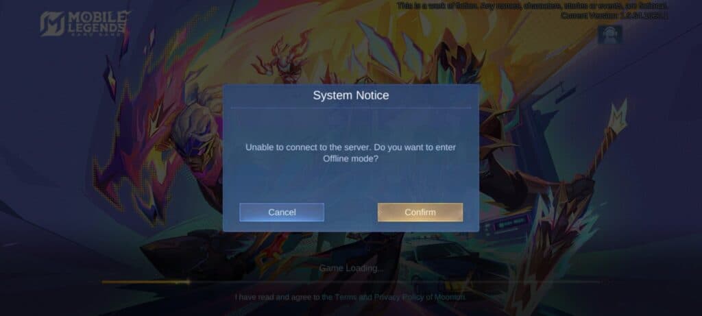 MLBB switches to Offline Mode when you have no internet connection (Screenshot via esports.gg)