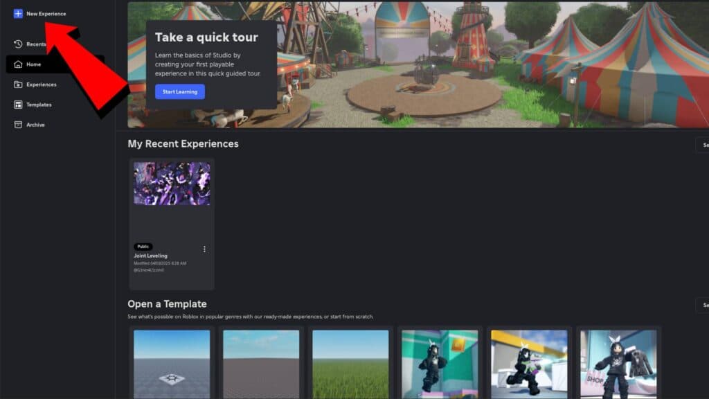 New Experience option in Roblox Studio. (Screenshot via esports.gg)