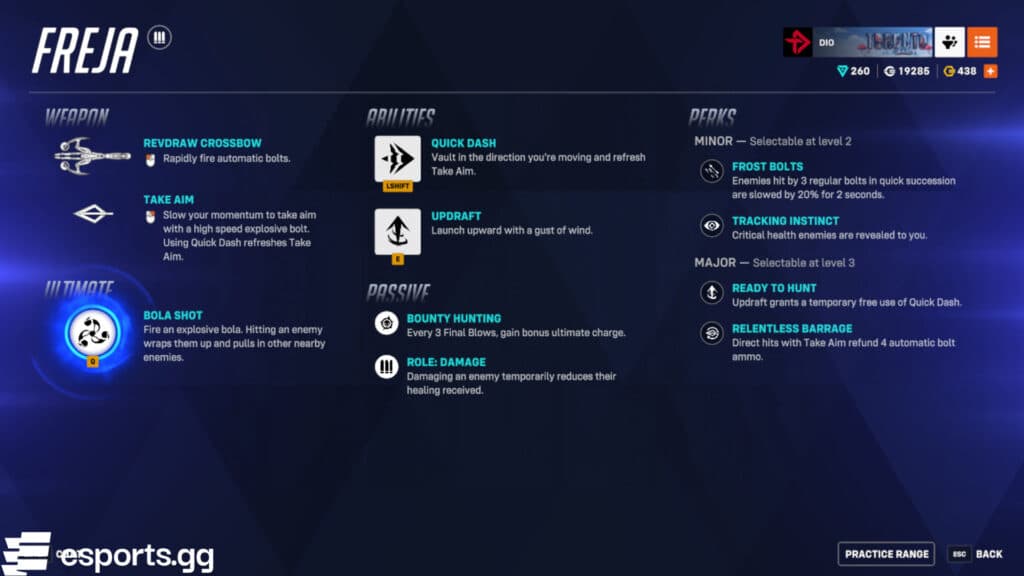 Today's Overwatch 2 patch notes include buffs to Freja's abilities (Screenshot via esports.gg)