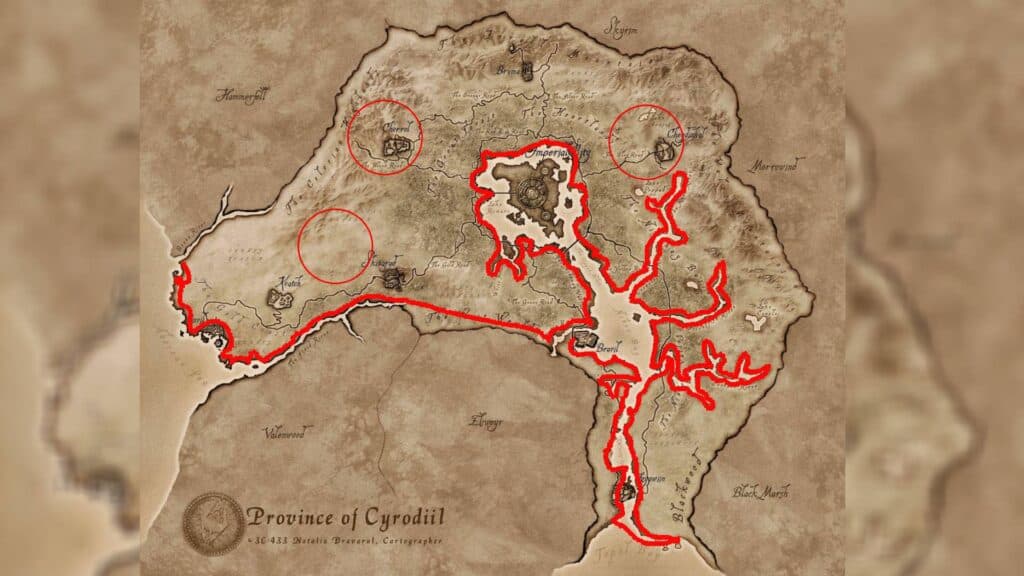 Follow the red line starting from the area near Anvil to farm Nirnroots. You can also find some of them in the areas inside the red circles. (Image via esports.gg)