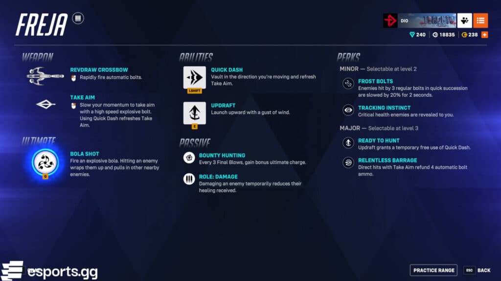 Freja's kit in Overwatch 2 (Screenshot via esports.gg)