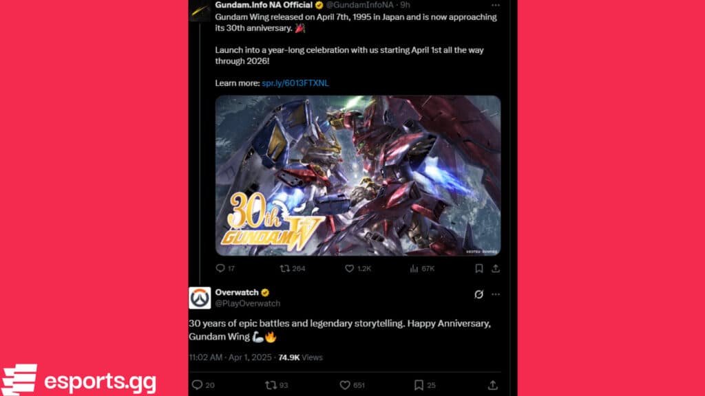 Overwatch 2's reply to a North American Gundam Wing account on X (Screenshot via esports.gg)