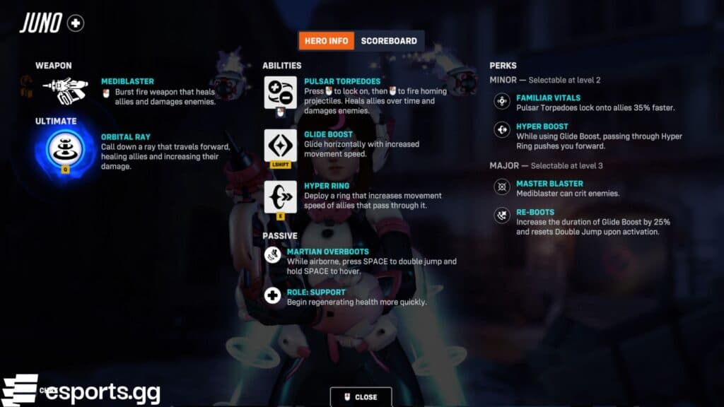 Juno's Perks in Overwatch 2 (Screenshot via esports.gg)