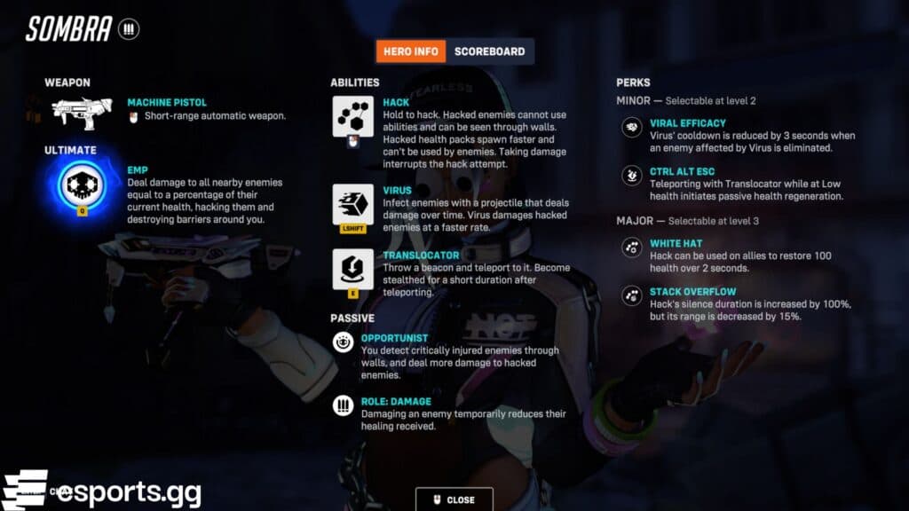 Sombra's current Perks in Overwatch 2 (Screenshot via esports.gg)