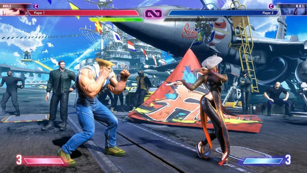 Guile and A.K.I. in the SF6 training mode (image via esports.gg)