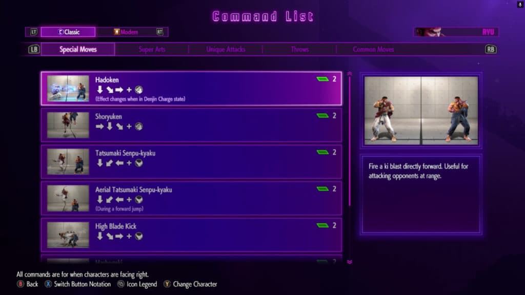 Classic inputs for Ryu in Street Fighter 6 (image via esports.gg)