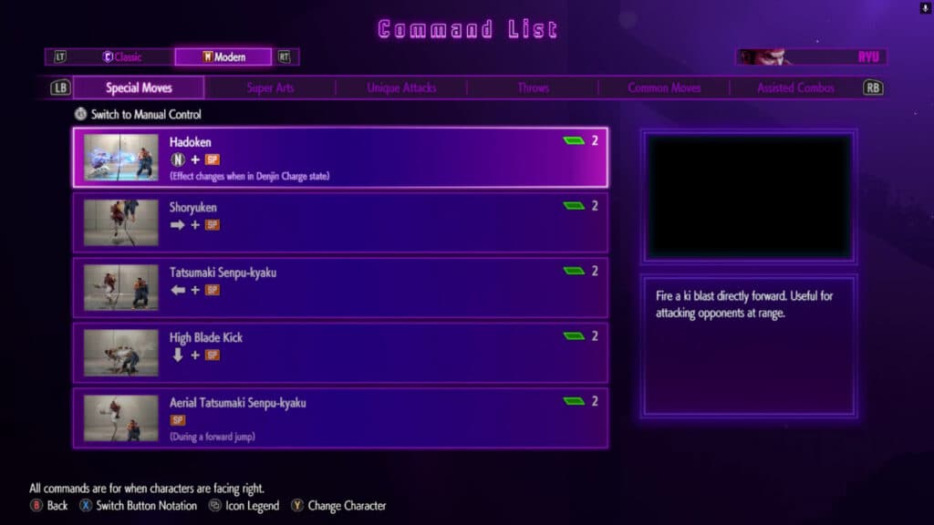 Modern inputs in Street Fighter 6 for Ryu (image via esports.gg)