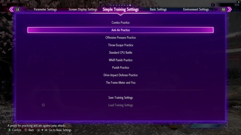 SF6 training mode options (image via esports.gg)