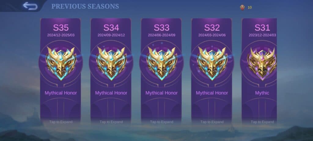 The game records all your final ranks every season in MLBB. (Screenshot via esports.gg)