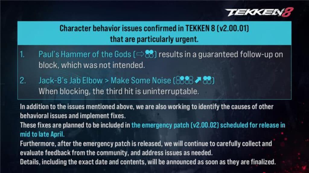 TEKKEN 8 v2.00.02 information (Image via Bandai Namco Entertainment)