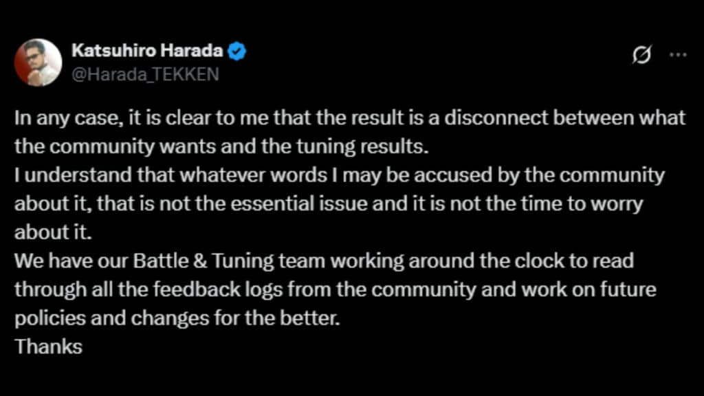 Katsuhiro Harada addressed the updates (Screenshot via esports.gg)