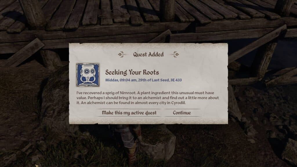 Adding the Seeking Your Roots quest by taking a Nirnroot. (Screenshot via esports.gg)