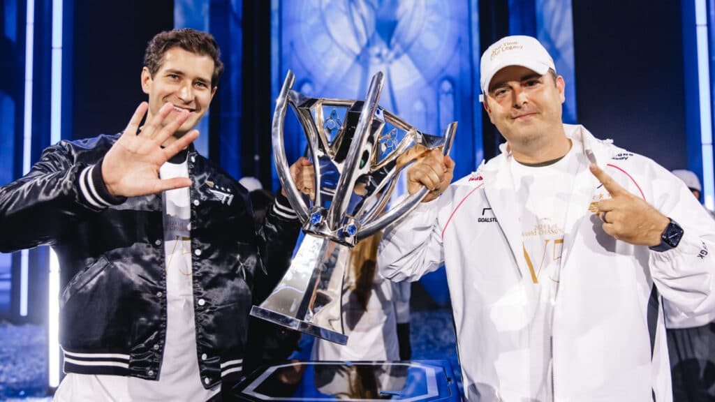Tucker Roberts (left) and T1 CEO Joe Marsh during LoL Worlds 2024 (Image by Riot Games)