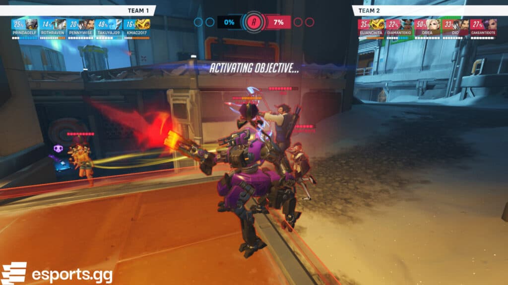 Hanzo riding Orisa into battle during Overwatch 2's 2025 April Fools' Day event (Screenshot via esports.gg)