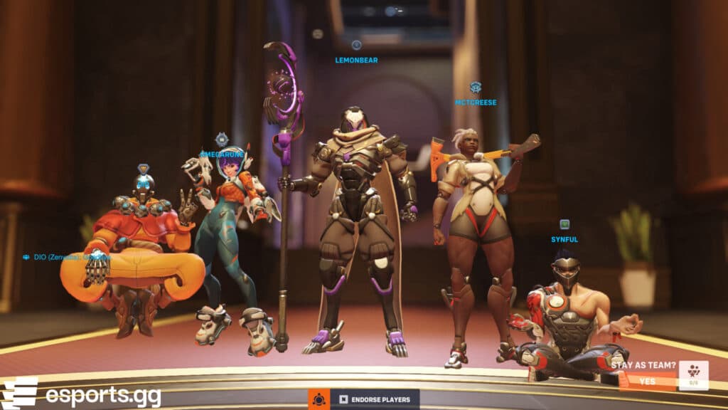 Zenyatta, Juno, Ramattra, Sojourn, and Genji in Overwatch 2 (Screenshot via esports.gg)