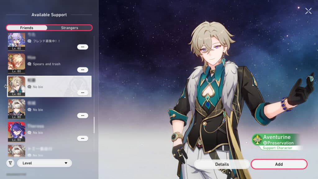 The Support select screen in Honkai Star Rail (Image via esports.gg)