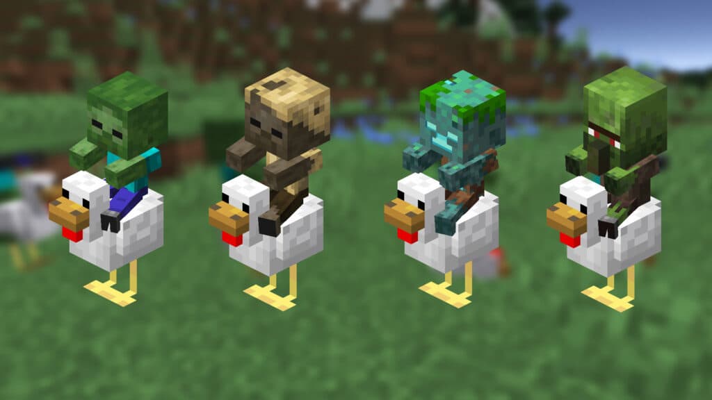 Variations of the Chicken Jockey in Minecraft (Images via Minecraft Wiki)