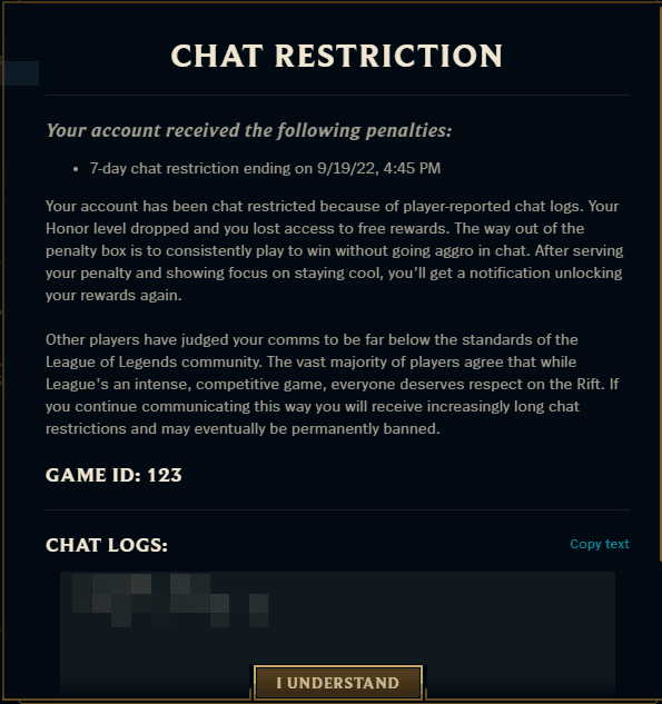 Example of a chat restriction warning (Image by Riot Games)