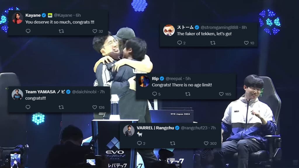 Support comments from multiple TEKKEN 8 personalities for Knee, the EVO Japan 2025 champion (Image via esports.gg)