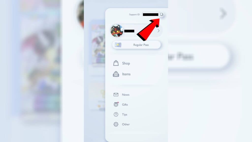 Copying a Pokémon TCG Pocket account's Support ID. (Image via esports.gg)
