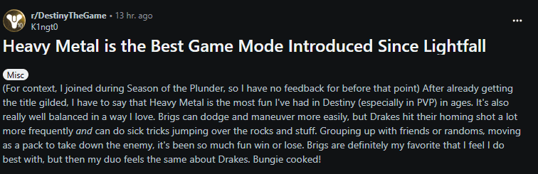 u/K1ngt0 praises Heavy Metal (Image via <a href="https://www.reddit.com/r/DestinyTheGame/comments/1kl7kg6/heavy_metal_is_the_best_game_mode_introduced/" target="_blank" rel="noreferrer noopener">Reddit</a>)