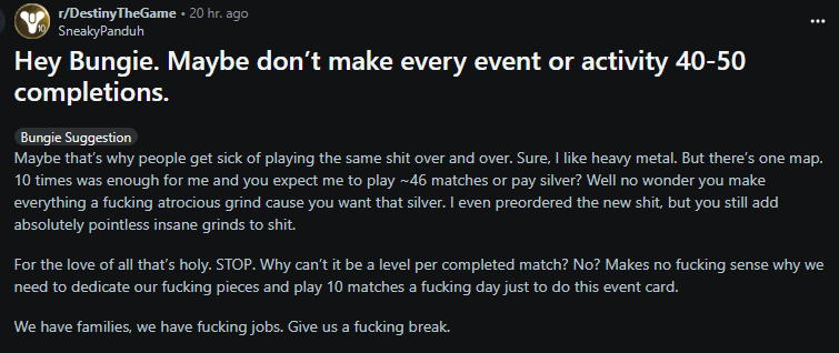 u/SneakyPanduh voices displeasure over the new mode (Image via <a href="https://www.reddit.com/r/DestinyTheGame/comments/1kkvi1e/hey_bungie_maybe_dont_make_every_event_or/" target="_blank" rel="noreferrer noopener">Reddit</a>)