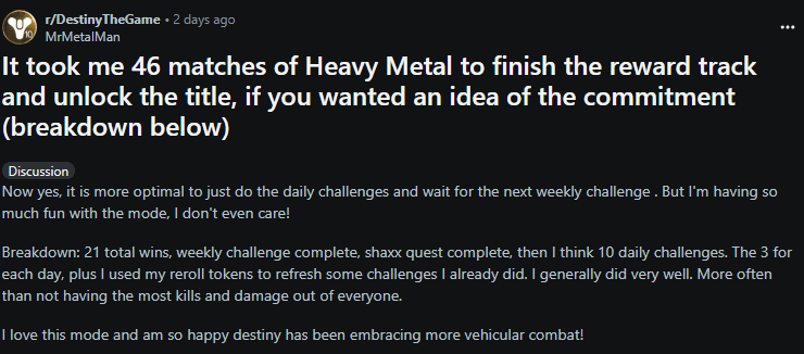 u/MrMetalMan breaks down the Heavy Metal Event Card grind (Image via <a href="https://www.reddit.com/r/DestinyTheGame/comments/1kjvvgr/it_took_me_46_matches_of_heavy_metal_to_finish/" target="_blank" rel="noreferrer noopener">Reddit</a>)