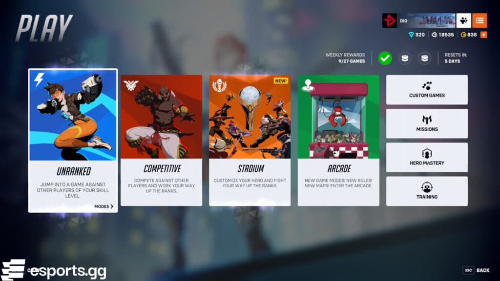 Enter Overwatch 2's Unranked mode to get started (Screenshot via esports.gg)